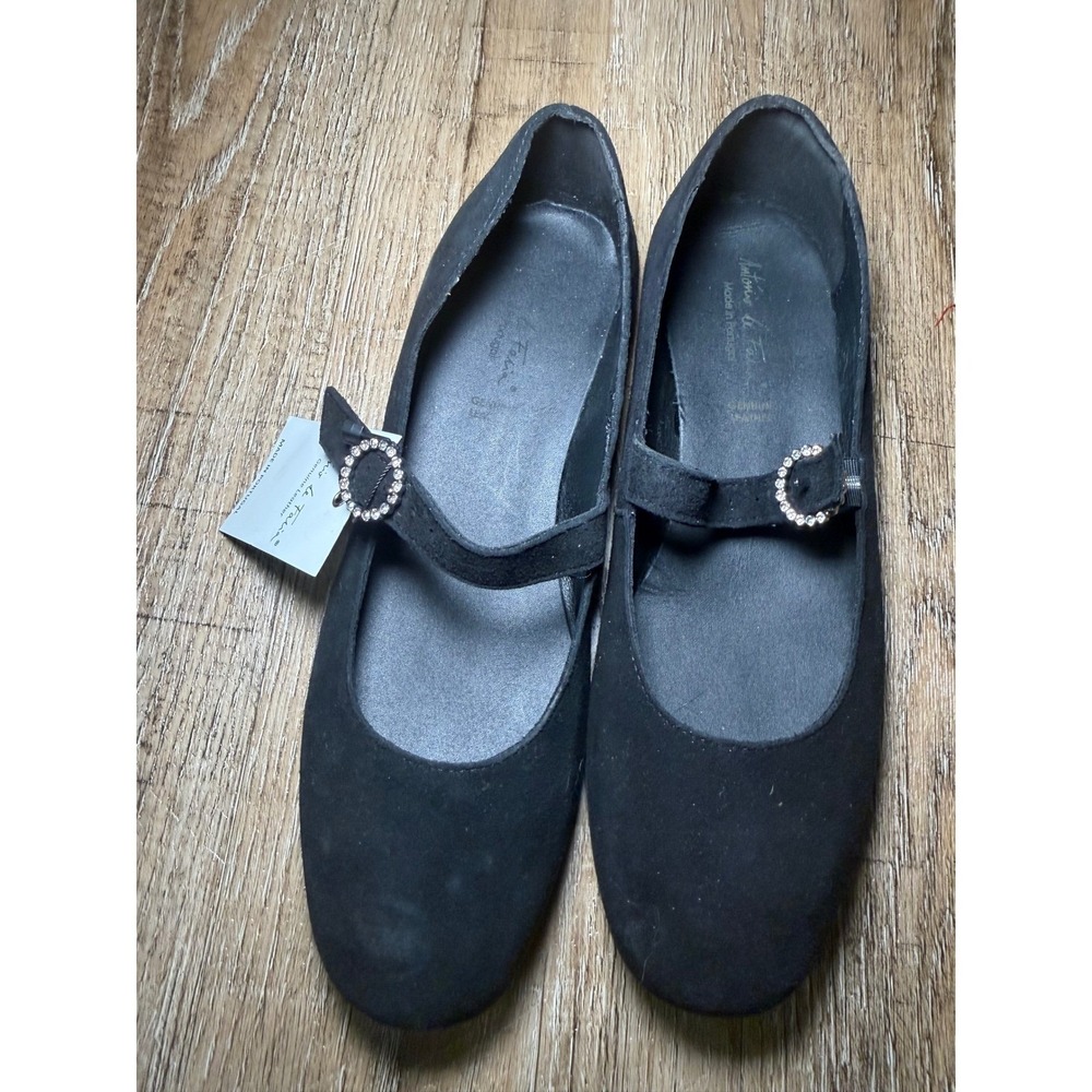 Mary Jane Flats Black Suede Rhinestone Buckle Women‎ Size 38 Comfort Shoes